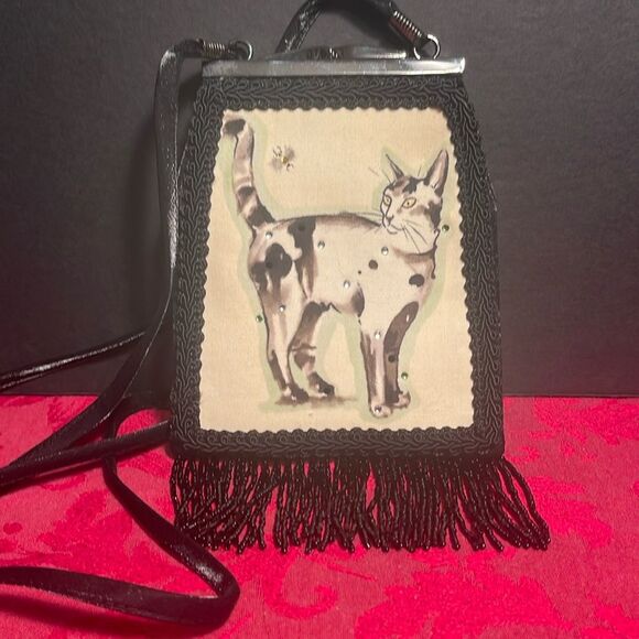 Liz Soto Cat Hand Made Purse‎ Beaded Tassels Black and White - Picture 1 of 8